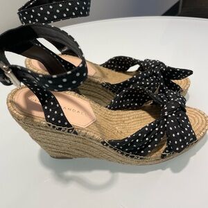 Loeffler Randal Bow Wedge Espadrille Size 7  Black Color with White Dots